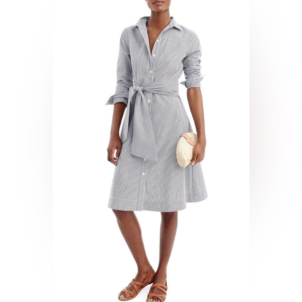 J. Crew Gray and White Striped Long Sleeve Shirt Dress